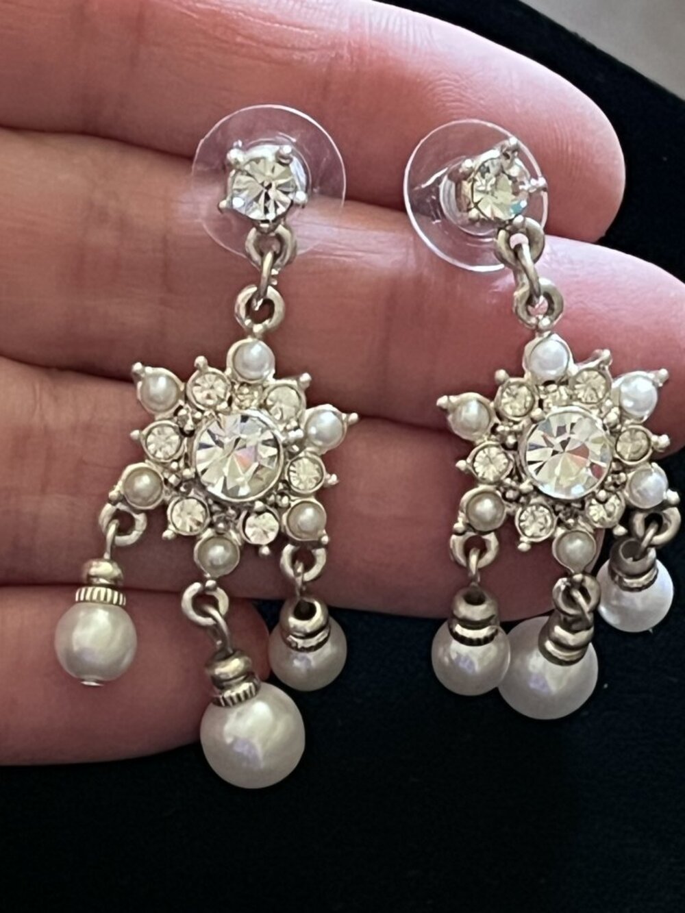 Vintage Crystal Faux Pearl Chandelier Drop Earrings